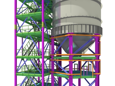 BIM model of a building with a tank made of metal structures. Drawing columns, beams, railings. Building Information Modeling for owners, managers, designers, engineers, and contractors. 3D rendering.の写真素材