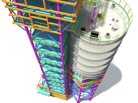 BIM model of a building with a tank made of metal structures. Drawing columns, beams, railings. Building Information Modeling for owners, managers, designers, engineers, and contractors. 3D rendering.の写真素材