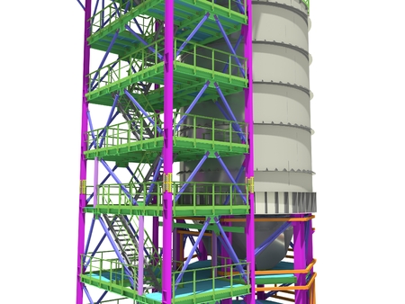 BIM model of a building with a tank made of metal structures. Drawing columns, beams, railings. Building Information Modeling for owners, managers, designers, engineers, and contractors. 3D rendering.の写真素材