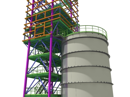BIM model of a building with a tank made of metal structures. Drawing columns, beams, railings. Building Information Modeling for owners, managers, designers, engineers, and contractors. 3D rendering.の写真素材