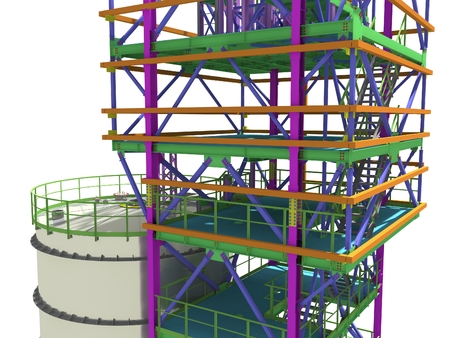 BIM model of a building with a tank made of metal structures. Drawing columns, beams, railings. Building Information Modeling for owners, managers, designers, engineers, and contractors. 3D rendering.の写真素材