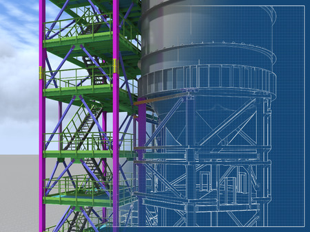 BIM model of a building with a tank made of metal structures. Drawing columns, beams, railings. Building Information Modeling for owners, managers, designers, engineers, and contractors. 3D rendering.の写真素材