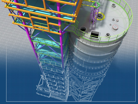 BIM model of a building with a tank made of metal structures. Drawing columns, beams, railings. Building Information Modeling for owners, managers, designers, engineers, and contractors. 3D rendering.の写真素材