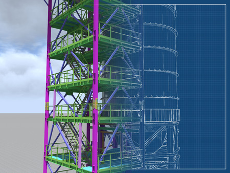 BIM model of a building with a tank made of metal structures. Drawing columns, beams, railings. Building Information Modeling for owners, managers, designers, engineers, and contractors. 3D rendering.の写真素材