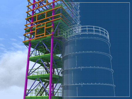 BIM model of a building with a tank made of metal structures. Drawing columns, beams, railings. Building Information Modeling for owners, managers, designers, engineers, and contractors. 3D rendering.の写真素材