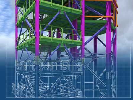 BIM model of a building with a tank made of metal structures. Drawing columns, beams, railings. Building Information Modeling for owners, managers, designers, engineers, and contractors. 3D rendering.の写真素材