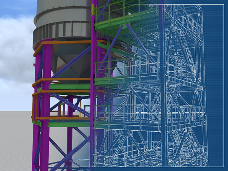 BIM model of a building with a tank made of metal structures. Drawing columns, beams, railings. Building Information Modeling for owners, managers, designers, engineers, and contractors. 3D rendering.の写真素材