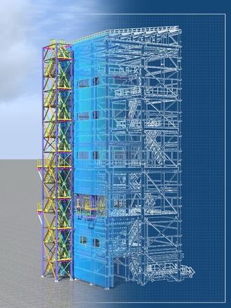 Building Information Model of metal structure. Design technologies of the future. 3D BIM parametric building.Engineering Graphics. 3D rendering.の写真素材