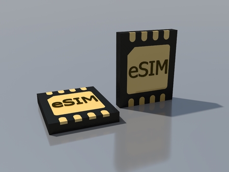New mobile communication technology 5G network. Smart phone eSIM card chip sign. Embedded SIM concept. Communication technology of the future. 3D rendering.の写真素材