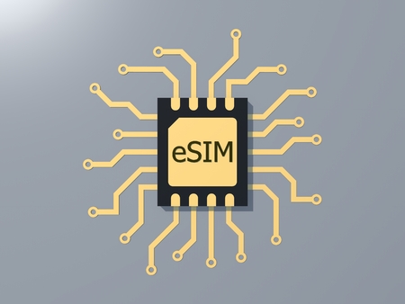 Embedded SIM. eSIM - electronic sim phone new mobile communication technology. New mobile cellular communication technology and 5G network. 3D rendering.の写真素材