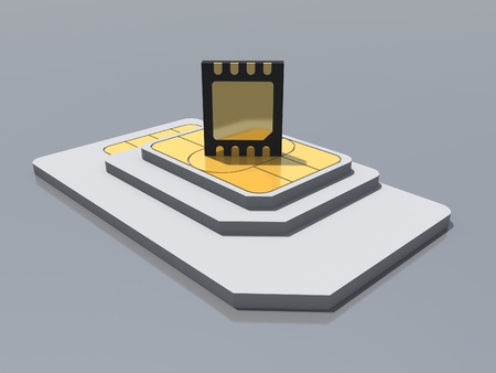 eSIM card standing on old generation SIM card. Communication technology of the future. 5G network. 3d rendering.の写真素材
