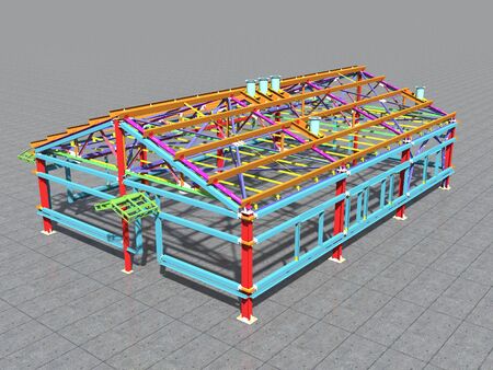 3D BIM model. Building Information Model of metal structure. 3D rendering. The model of a classical building with a pitched roof is made according to the latest design technologies.の写真素材