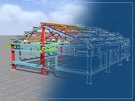 3D BIM model. Building Information Model of metal structure. 3D rendering. The model of a classical building with a pitched roof is made according to the latest design technologies.の写真素材