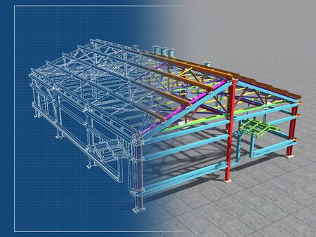 3D BIM model. Building Information Model of metal structure. 3D rendering. The model of a classical building with a pitched roof is made according to the latest design technologies.の写真素材