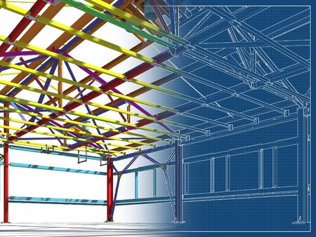 3D BIM model. Building Information Model of metal structure. 3D rendering. The model of a classical building with a pitched roof is made according to the latest design technologies.の写真素材