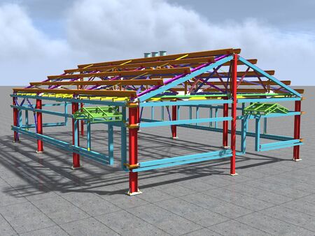 3D BIM model. Building Information Model of metal structure. 3D rendering. The model of a classical building with a pitched roof is made according to the latest design technologies.の写真素材