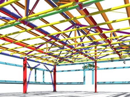 3D BIM model. Building Information Model of metal structure. 3D rendering. The model of a classical building with a pitched roof is made according to the latest design technologies.の写真素材