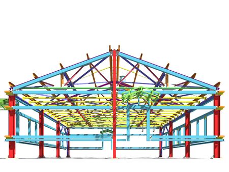 3D BIM model. Building Information Model of metal structure. 3D rendering. The model of a classical building with a pitched roof is made according to the latest design technologies.の写真素材