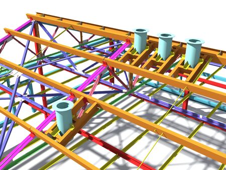 3D BIM model. Building Information Model of metal structure. 3D rendering. The model of a classical building with a pitched roof is made according to the latest design technologies.の写真素材