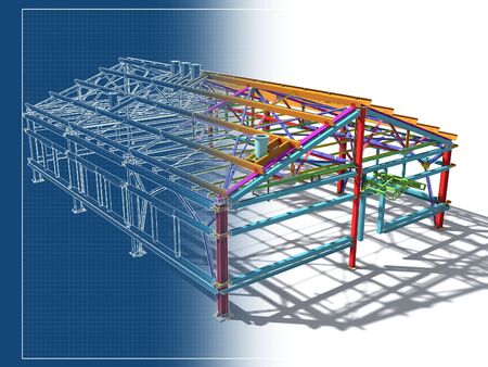 3D BIM model. Building Information Model of metal structure. 3D rendering. The model of a classical building with a pitched roof is made according to the latest design technologies.の写真素材