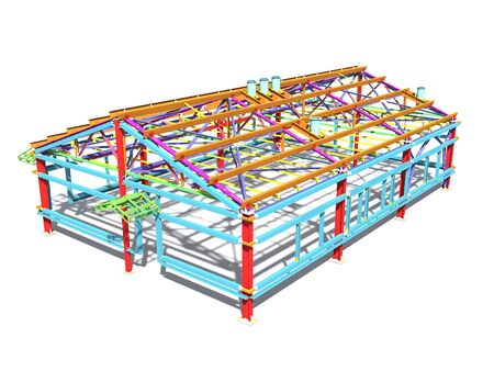 3D BIM model. Building Information Model of metal structure. 3D rendering. The model of a classical building with a pitched roof is made according to the latest design technologies.の写真素材