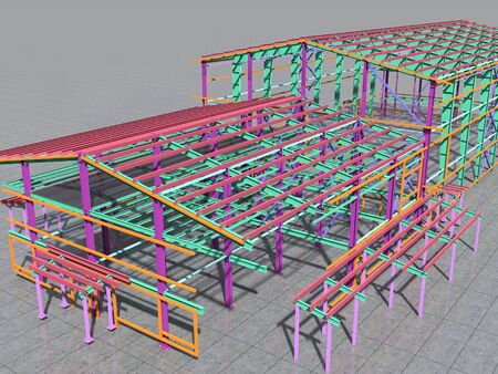 BIM building model of columns, beams, ties, girders. The metal structures are welded and bolted together. 3D rendering. The drawing of the building structure is made by an engineer.の写真素材