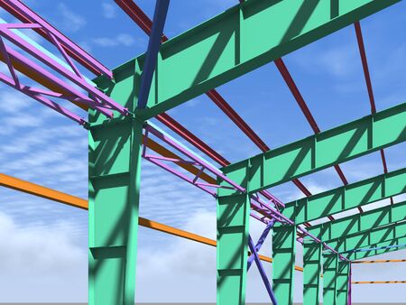 BIM building model of columns, beams, ties, girders. The metal structures are welded and bolted together. 3D rendering. The drawing of the building structure is made by an engineer.の写真素材