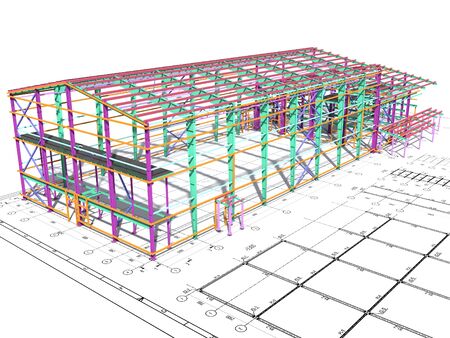 BIM building model of columns, beams, ties, girders. The metal structures are welded and bolted together. 3D rendering. The drawing of the building structure is made by an engineer.の写真素材