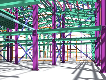 BIM building model of columns, beams, ties, girders. The metal structures are welded and bolted together. 3D rendering. The drawing of the building structure is made by an engineer.の写真素材