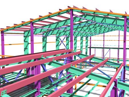 BIM building model of columns, beams, ties, girders. The metal structures are welded and bolted together. 3D rendering. The drawing of the building structure is made by an engineer.の写真素材
