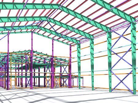 BIM building model of columns, beams, ties, girders. The metal structures are welded and bolted together. 3D rendering. The drawing of the building structure is made by an engineer.の写真素材