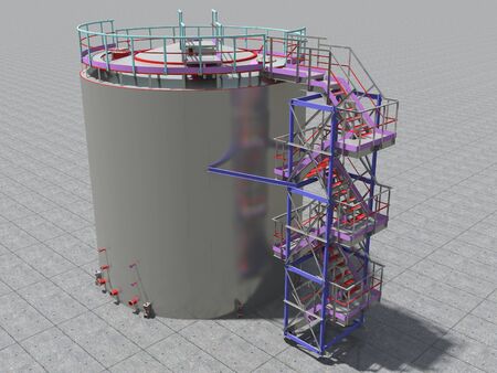 BIM project of an industrial oil storage tank for oil and gasoline. 3D rendering. Refinery. Model and drawings of the building made by engineers.の写真素材