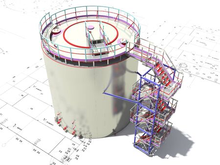 BIM project of an industrial oil storage tank for oil and gasoline. 3D rendering. Refinery. Model and drawings of the building made by engineers.の写真素材