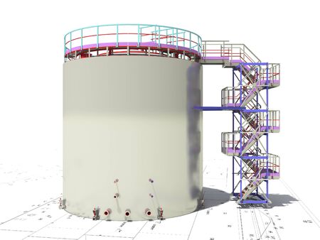 BIM project of an industrial oil storage tank for oil and gasoline. 3D rendering. Refinery. Model and drawings of the building made by engineers.の写真素材