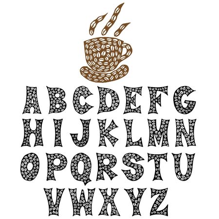 The letters of the coffee beans are hand-drawn. Coffee font. Vector EPS8.のイラスト素材