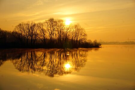 A wonderful Golden sunrise over the river with trees in spring.の写真素材
