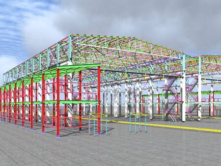 BIM-project of an industrial production frame of a building . 3D rendering. The structural model and drawings of the building were made by engineers. Structural engineering.の写真素材