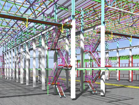 BIM-project of an industrial production frame of a building . 3D rendering. The structural model and drawings of the building were made by engineers. Structural engineering.の写真素材