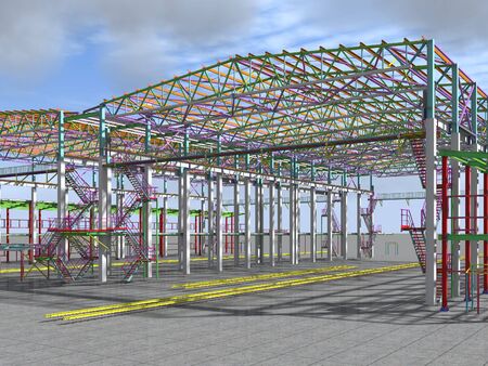 BIM-project of an industrial production frame of a building . 3D rendering. The structural model and drawings of the building were made by engineers. Structural engineering.の写真素材