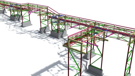 BIM model structure of a steel overpass for laying industrial electrical networks of power plants and factories. 3D rendering.の写真素材