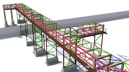 BIM model structure of a steel overpass for laying industrial electrical networks of power plants and factories. 3D rendering.の写真素材