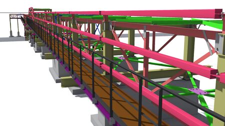 BIM model structure of a steel overpass for laying industrial electrical networks of power plants and factories. 3D rendering.の写真素材