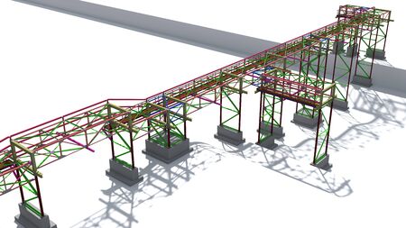 BIM model structure of a steel overpass for laying industrial electrical networks of power plants and factories. 3D rendering.の写真素材