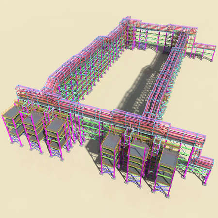 Structural BIM model of a large industrial building. Presentation of BIM design and construction technology for the construction customer. 3D rendering.の写真素材