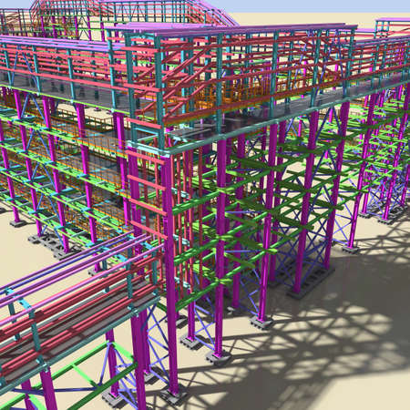 Structural BIM model of a large industrial building. Presentation of BIM design and construction technology for the construction customer. 3D rendering.の写真素材