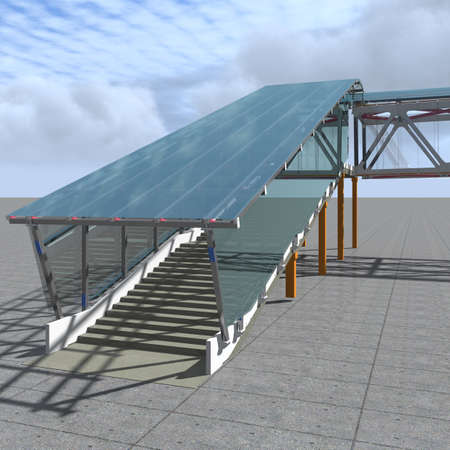 BIM model of a pedestrian crosswalk made of glass and steel for presentation to the customer and contractor. Steel detailing. 3D rendering.の写真素材