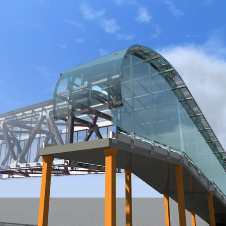 BIM model of a pedestrian crosswalk made of glass and steel for presentation to the customer and contractor. Steel detailing. 3D rendering.の写真素材