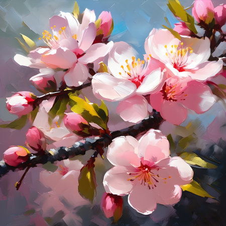Blooming peach twig in sunny spring light. Digital painting. A.I.の素材