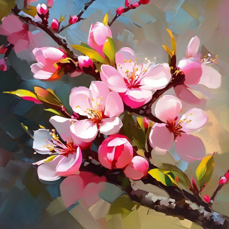 Blooming peach twig in sunny spring light. Digital painting. A.I.の素材