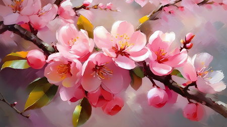 Blooming peach twig in sunny spring light. Digital painting. A.I.の素材